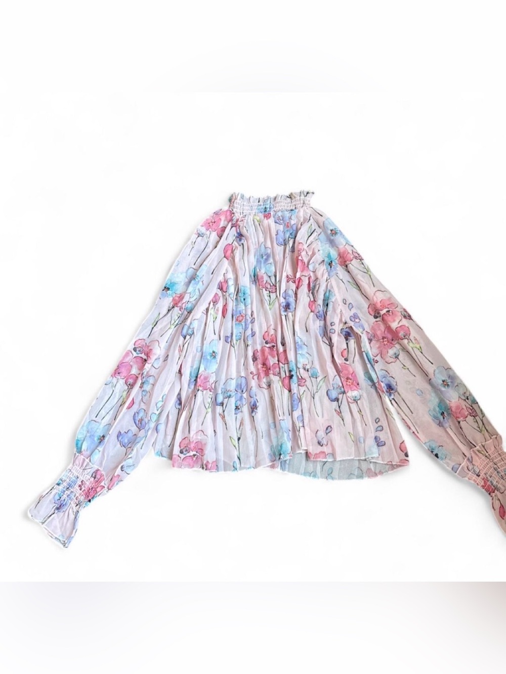 SHEIN Pink & Blue Floral Ruffled High-Neck Blouse